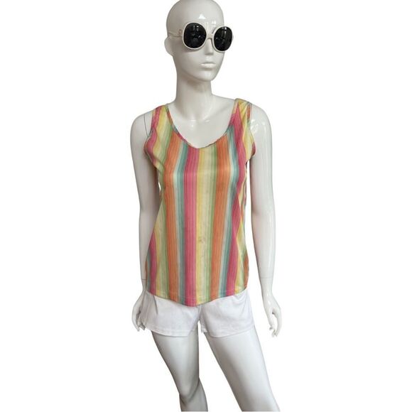 Groovy 1970s True Vintage Handmade Vivid Rainbow Stripe Flouncy Tank Blouse - Picture 4 of 7